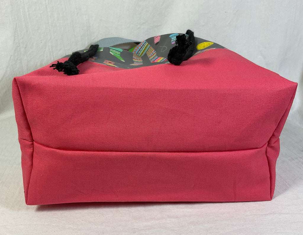 Extra Large drawstring knitting bag with Scandinavian sock print, multi pockets project bag with handles