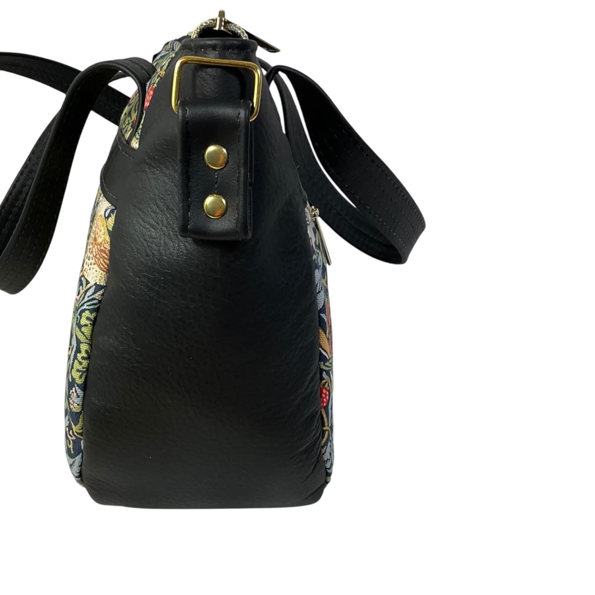 Crossbody Handbag in genuine Leather and strawberry thief print, William Morris print shoulder bag, zip pocket adjustable strap organiser