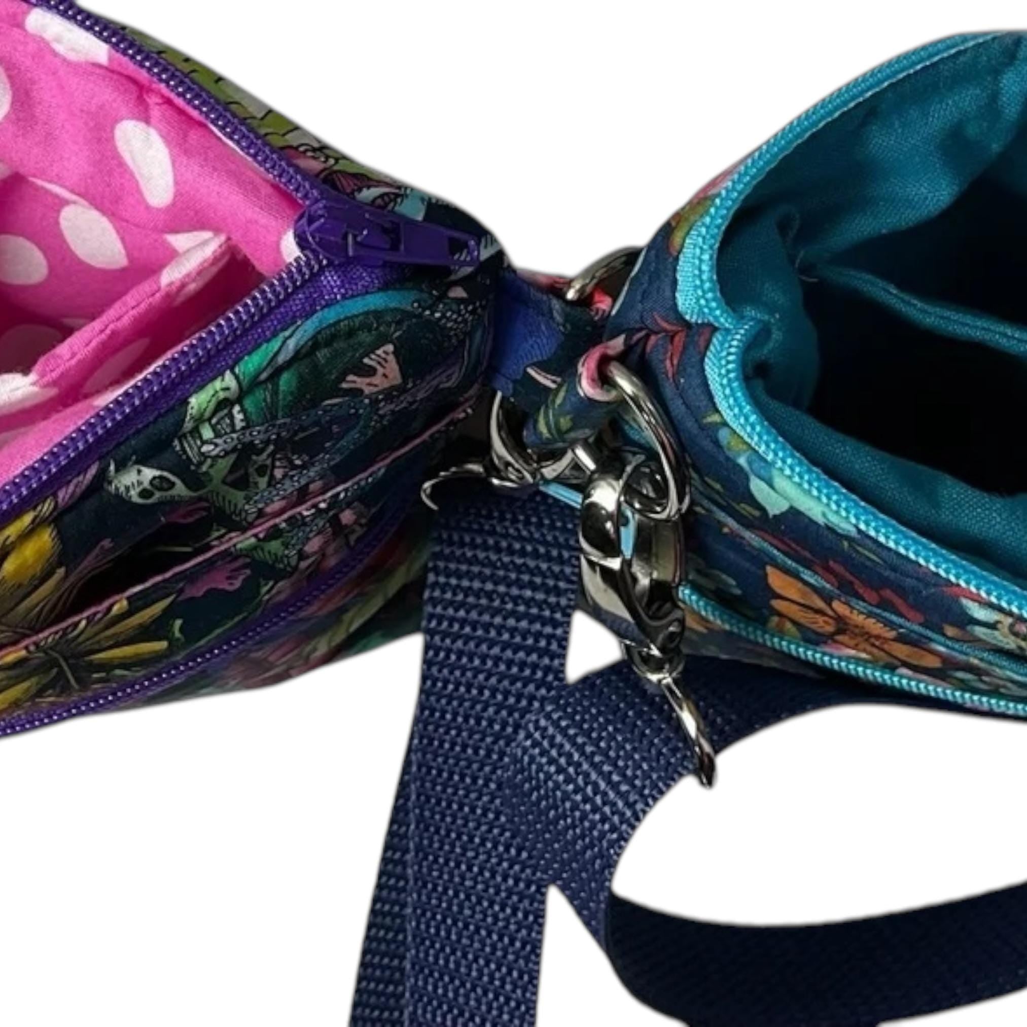 Liberty fabric slim phone shoulder bag with multi pockets, teen messenger floral phone pouch, fish mini clutch bag, clubbing festival bag,