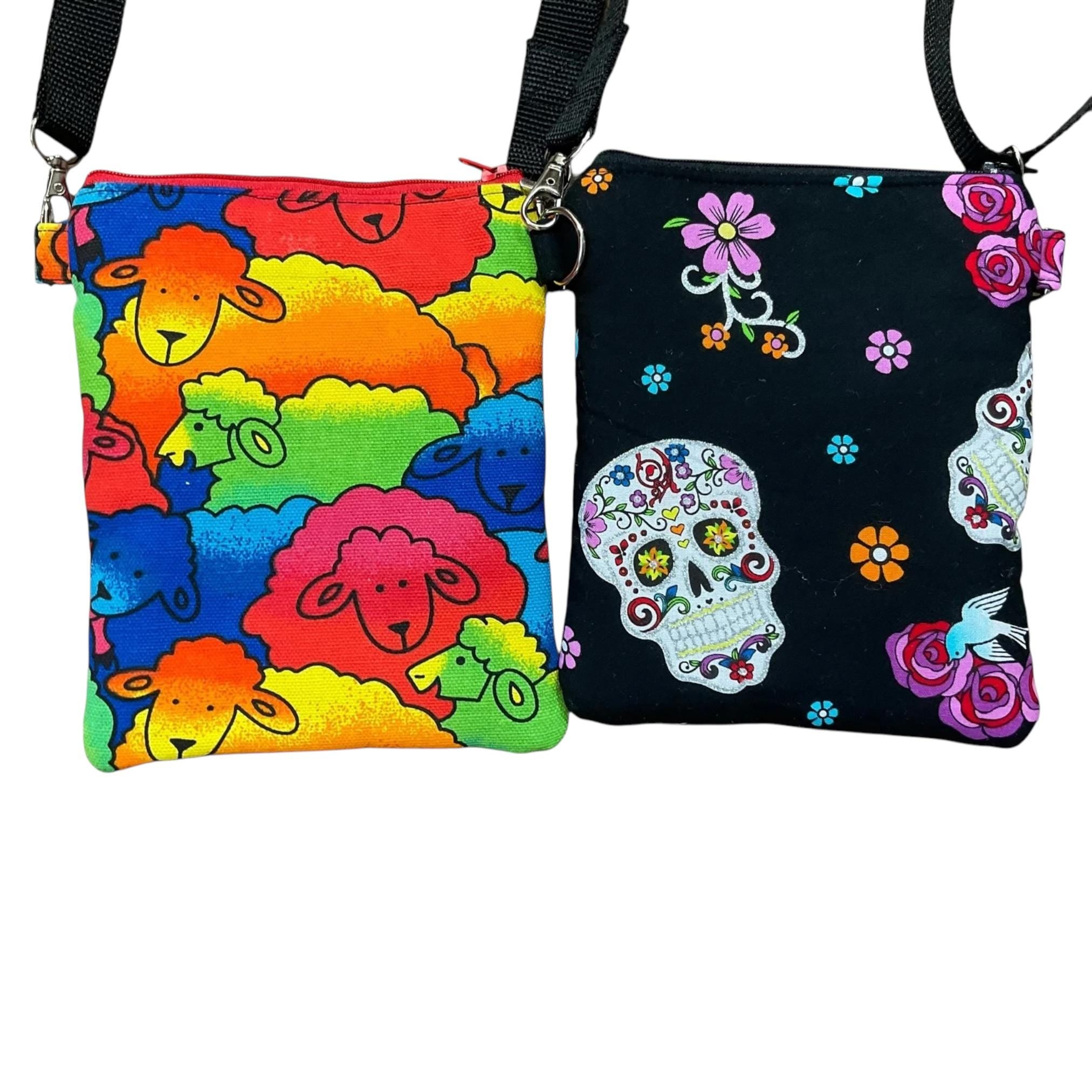 Colourful sheep print slim phone shoulder bag with multi pockets, teenager messenger sugar skull , mini clutch bag, clubbing festival bag