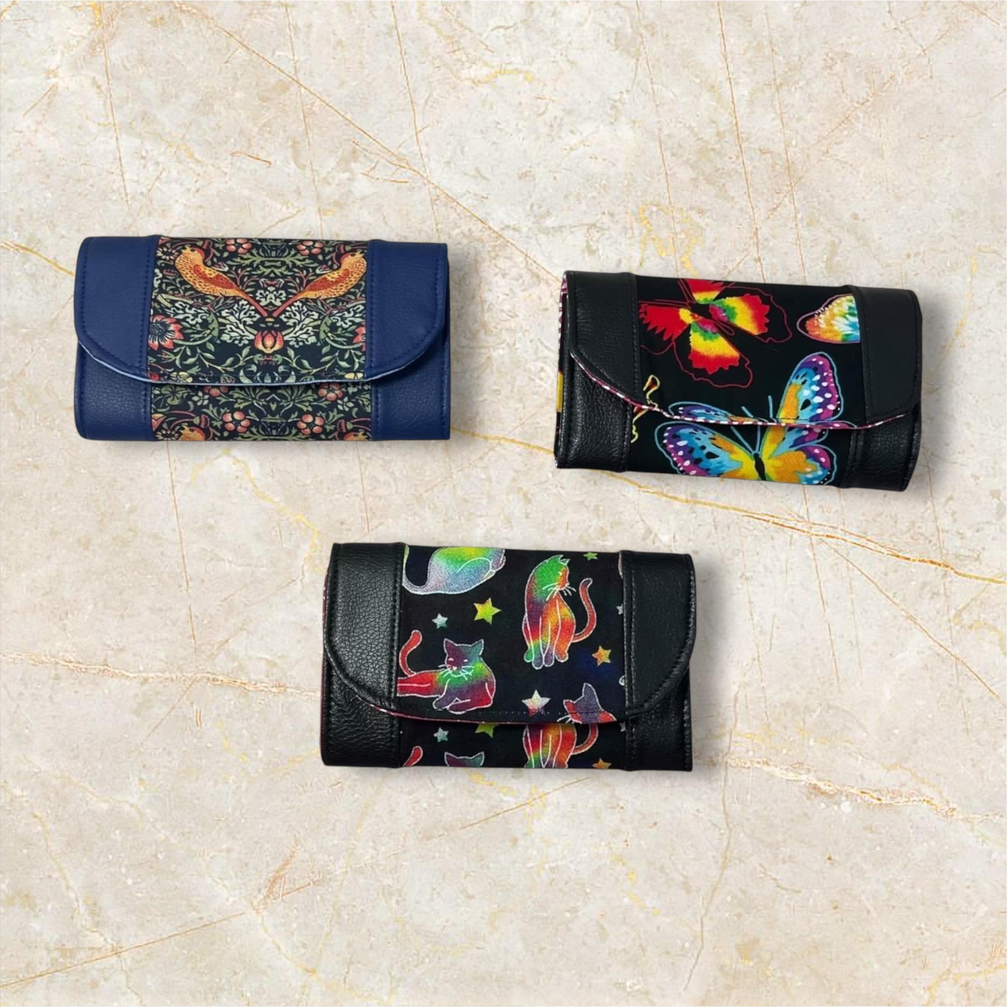 Ladies purse in faux leather and cotton canvas fabric, concertina style coin and card wallet, butterfly, cats and strawberry thief print