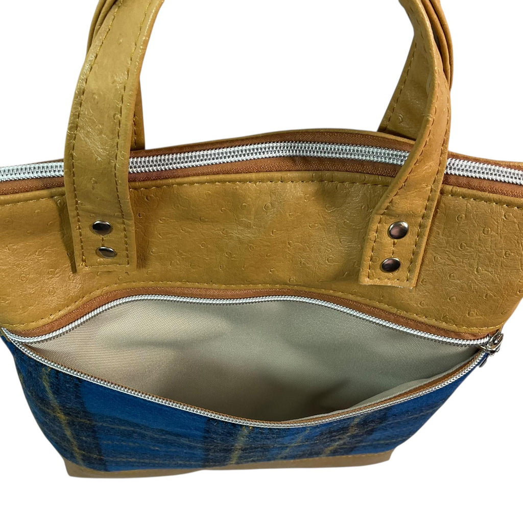 Handbag in faux Leather and blue British wool fabric, medium tote style zip top shoulder crossbody with carry handles