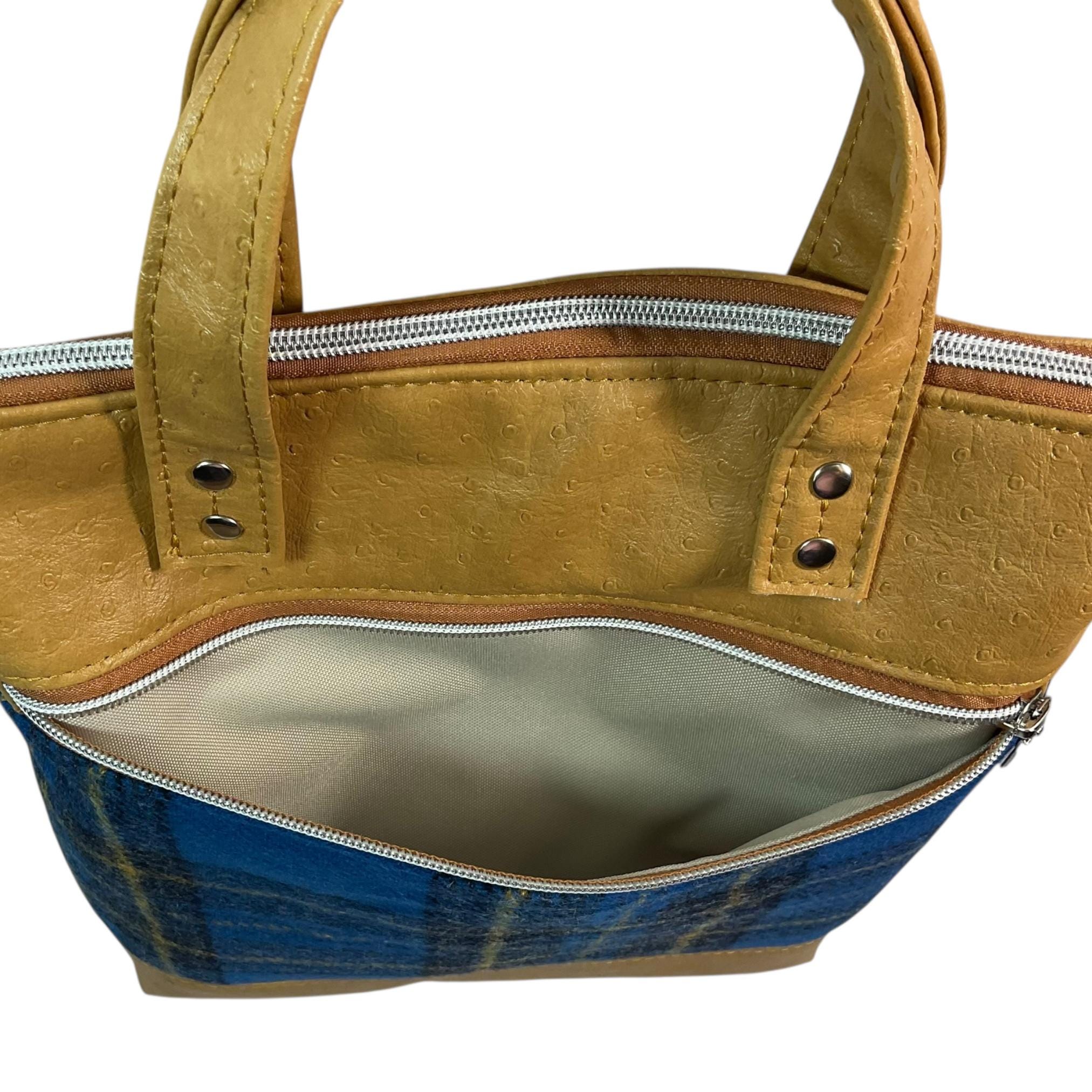 Handbag in faux Leather and blue British wool fabric, medium tote style zip top shoulder crossbody with carry handles