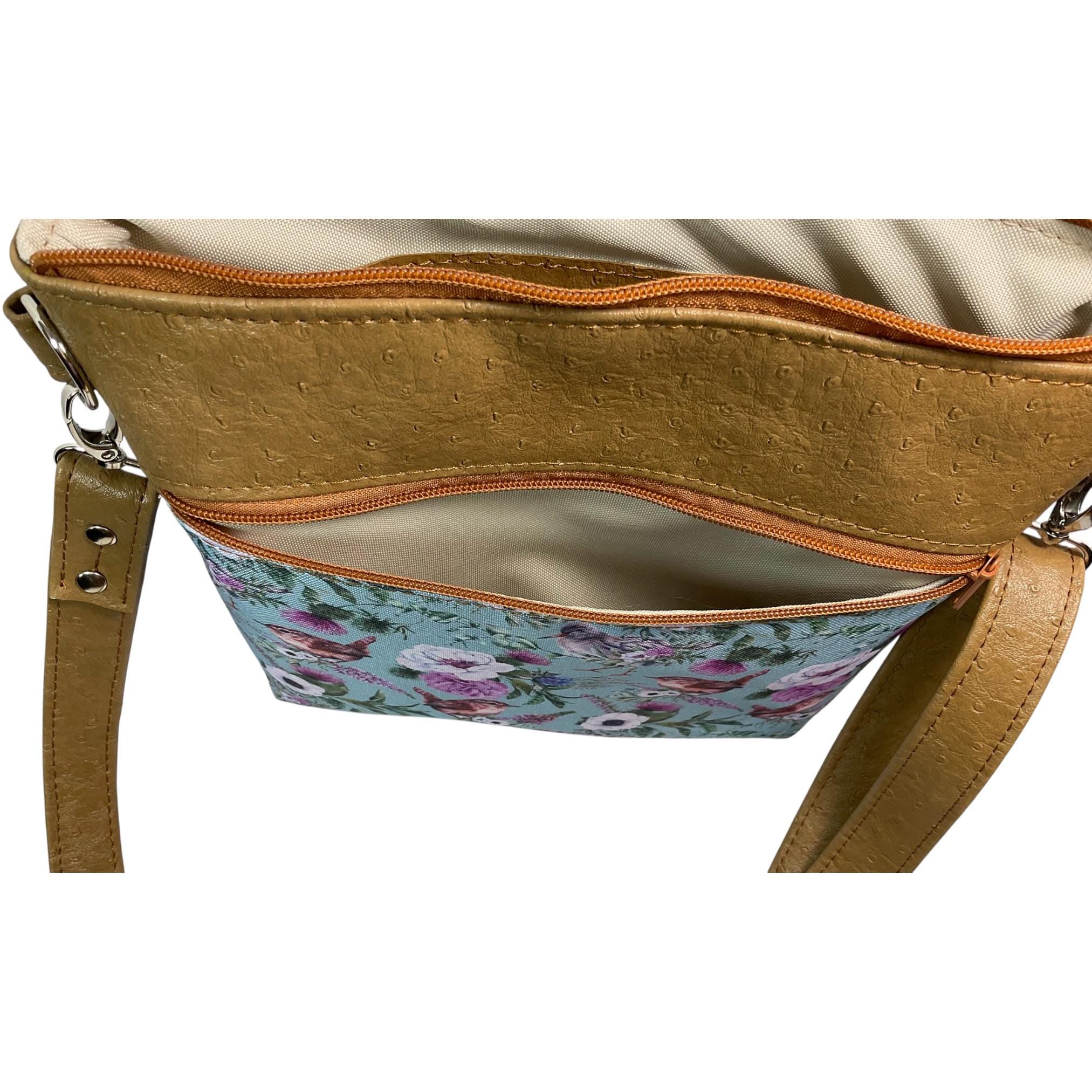 Floral Bird Print Faux Leather Handbag: Zip Top Crossbody Bag