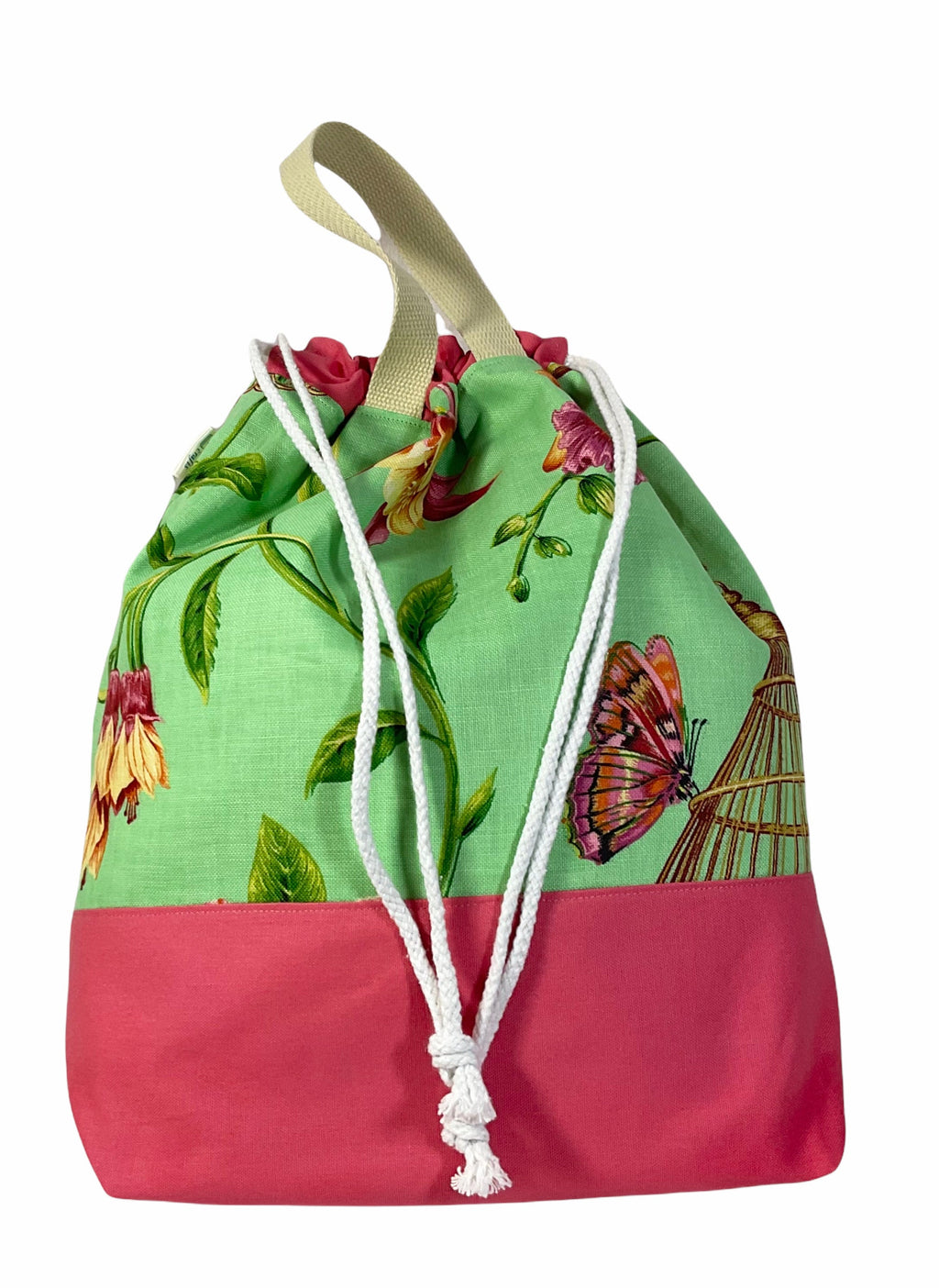Extra Large canvas drawstring knitting bag with hummingbirds and butterflies print, multi pockets project bag with handles