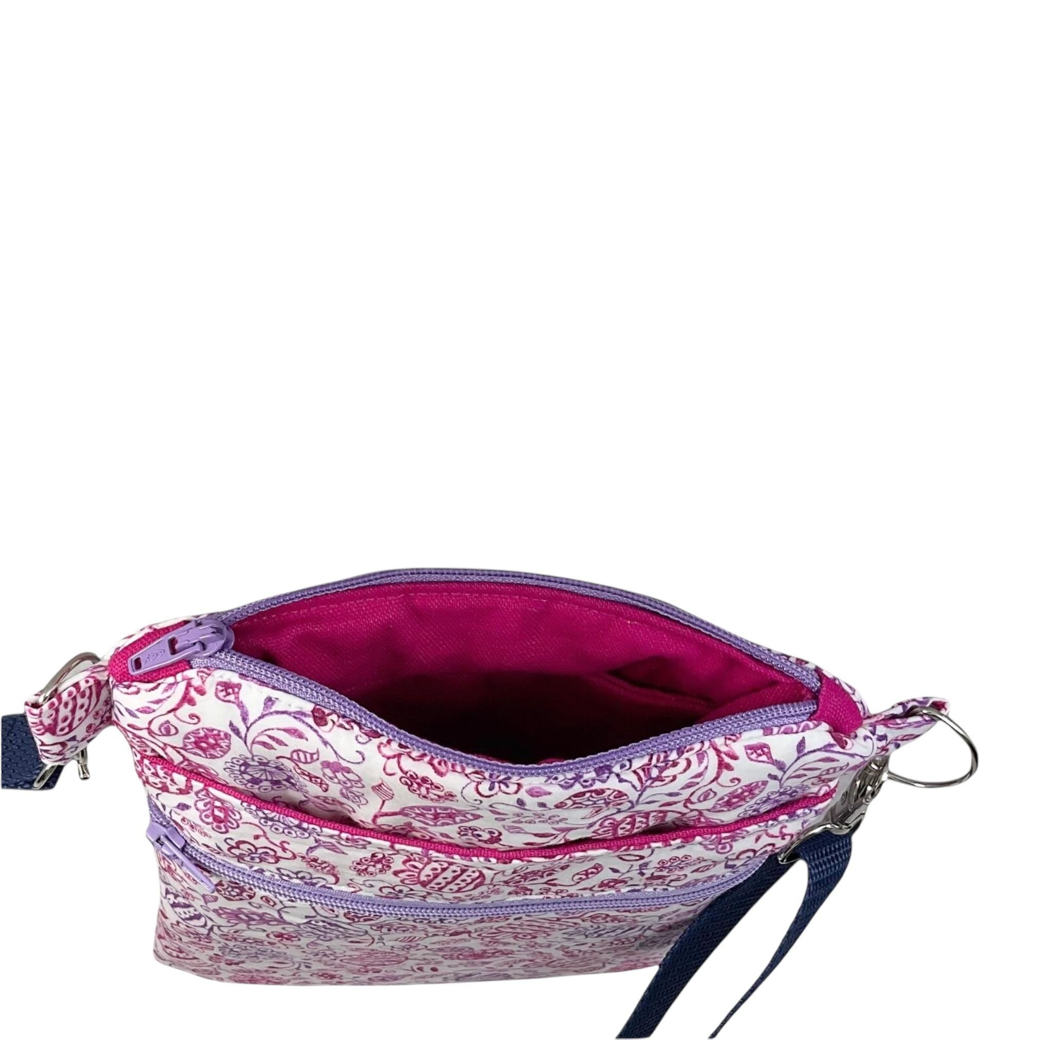 Liberty fabric slim shoulder bag with multi pockets, messenger style pink and purple floral phone purse, teenager bag