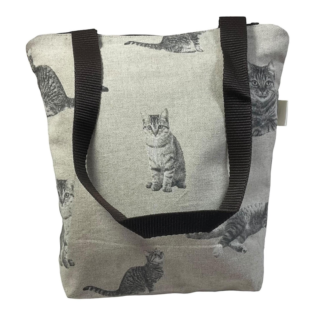 Small tote bag with zip closure, canvas tortoiseshell cats cotton book purse, bag with pockets  for cat lover, gift for girls