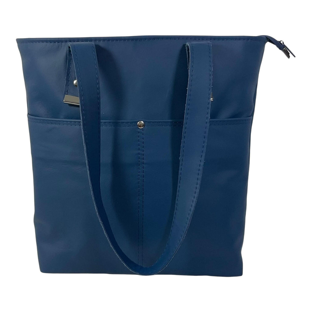 Tote bag made of genuine leather, medium sized deep blue shoulder bag