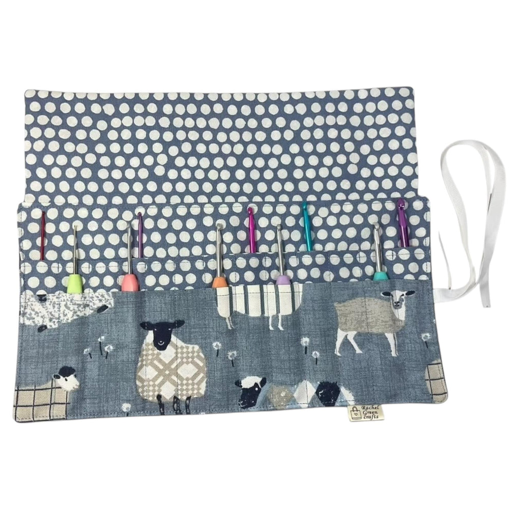 Crochet hook case with blue sheep, ergonomic hook organiser, roll up case, Sheep lover gift, knitters gift, Crochet gift,  hook storage