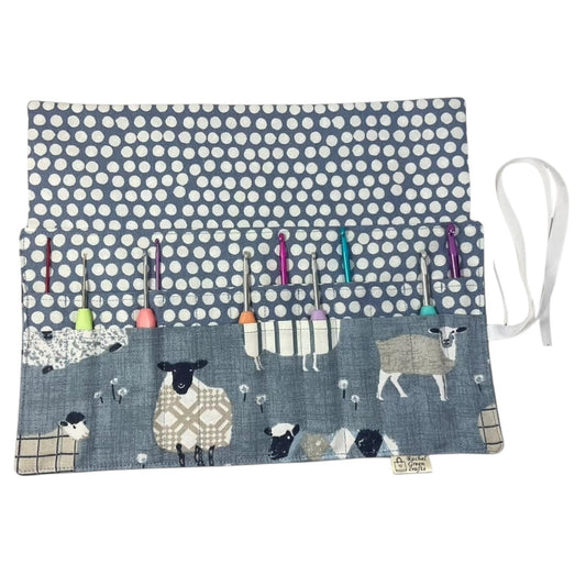 Crochet hook case with denim  blue sheep