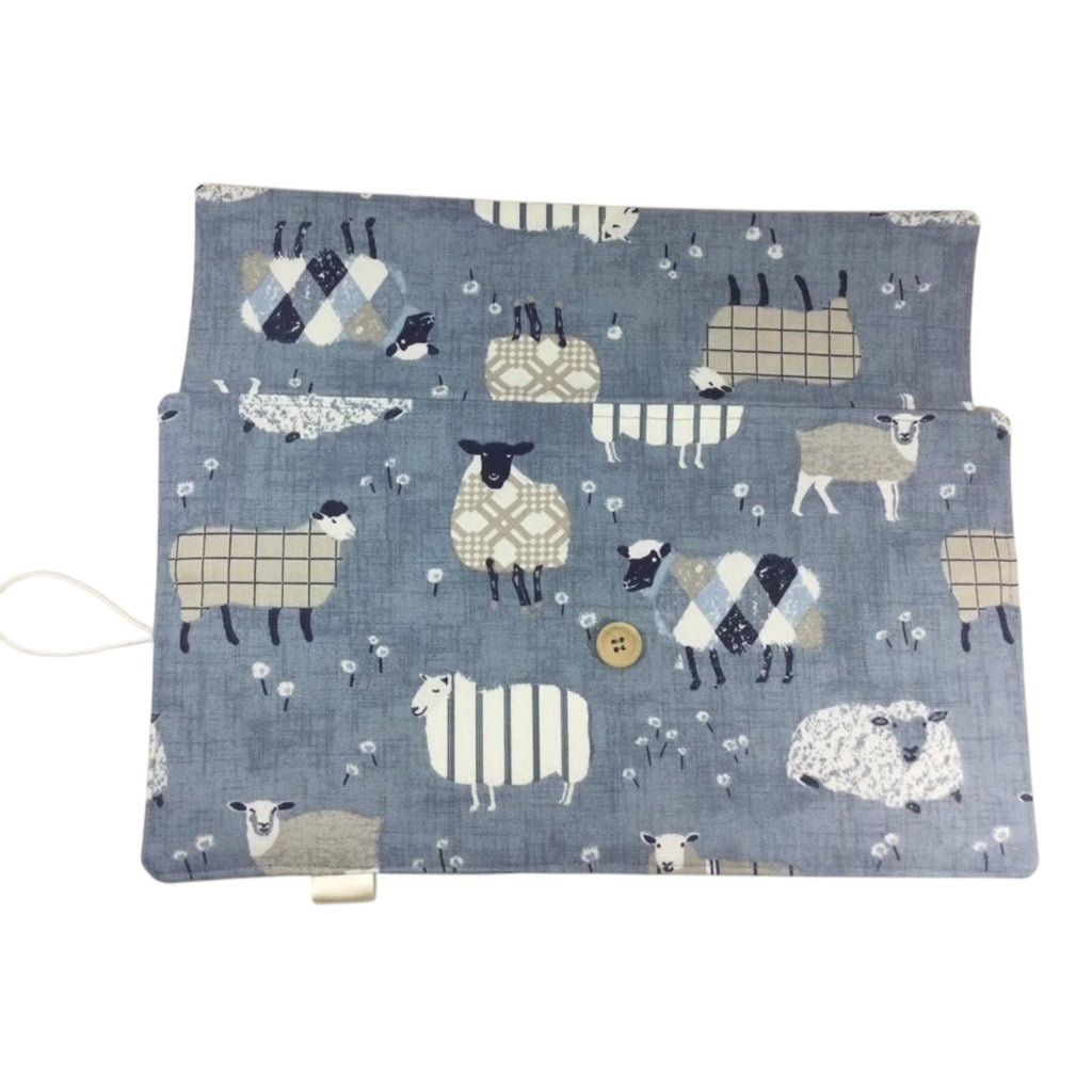 Circular knitting needle case with denim blue sheep,  fixed circular wallet,  sock needles storage pouch, knitters gift