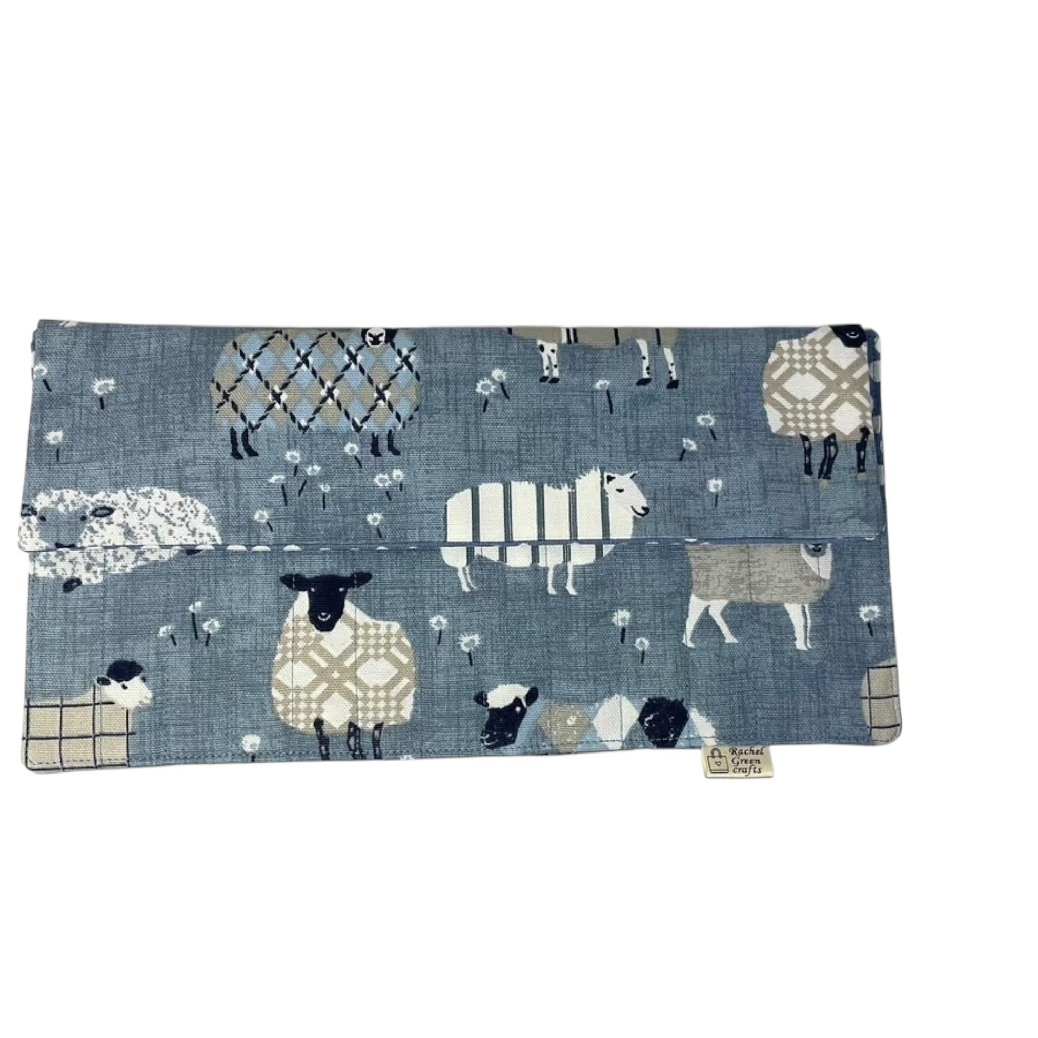 Crochet hook case with blue sheep, ergonomic hook organiser, roll up case, Sheep lover gift, knitters gift, Crochet gift,  hook storage
