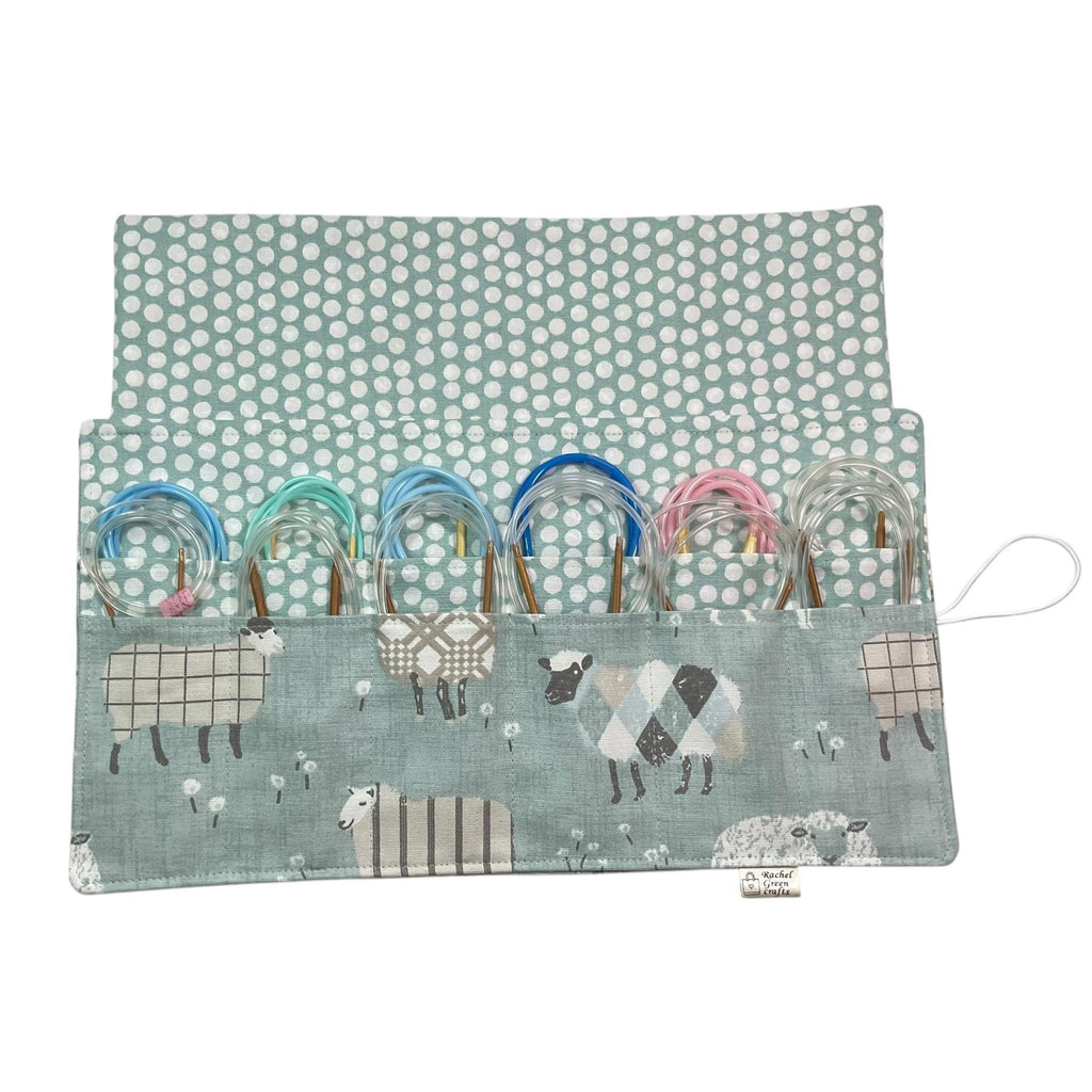 Circular knitting needle case with blue sheep,  fixed circular wallet,  sock needles storage pouch, knitters gift