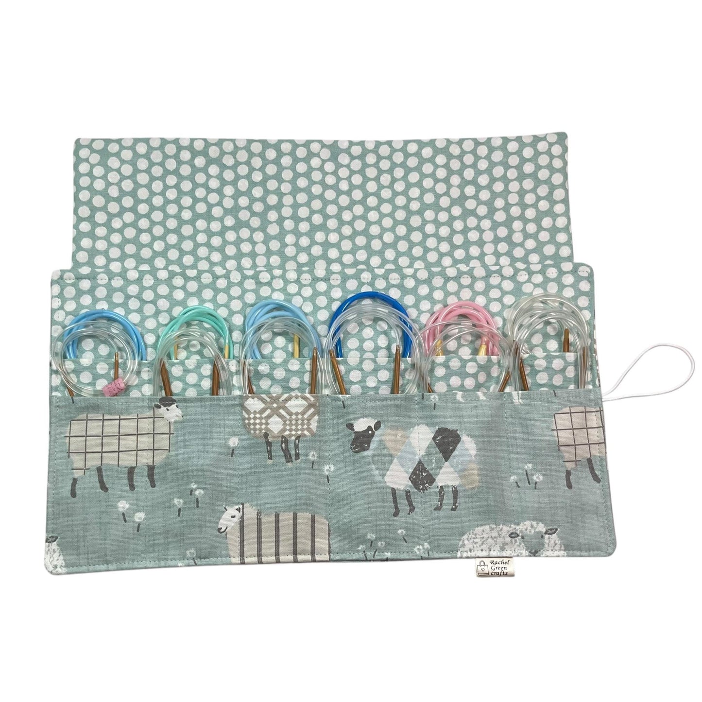 Circular knitting needle case with blue sheep