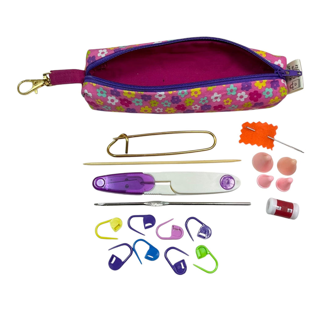 Knitting and crochet travel notions kit, clip on knit bag travel kit, stitch markers, accessories pouch, travel scissors, crafting kit