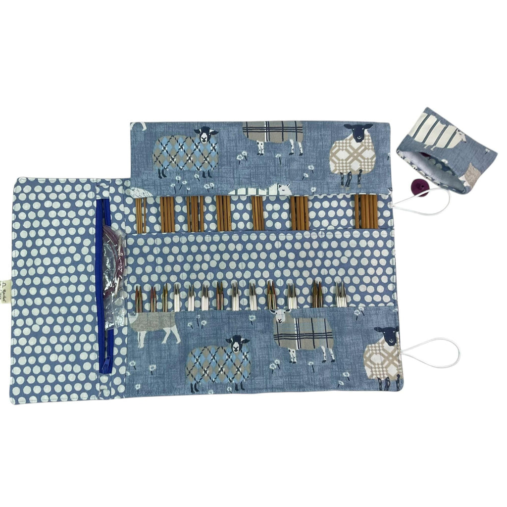 interchangeable and double pointed needle case with blue sheep, knitting needle pouch, hiya hiya case, knit pro wallet