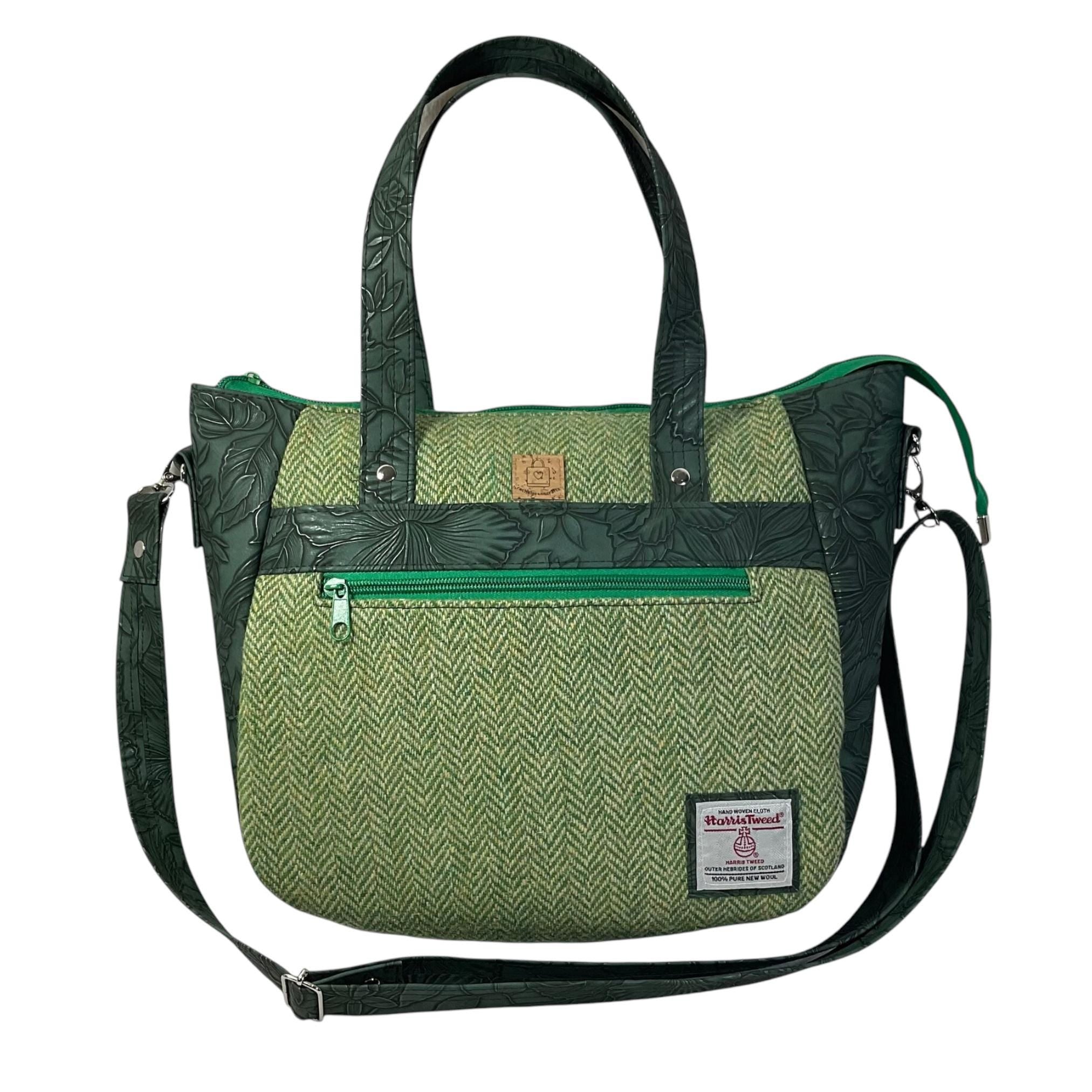 Harris tweed Crossbody Handbag,green floral faux leather tote, floral shoulder bag, zip pocket large adjustable strap organiser bag