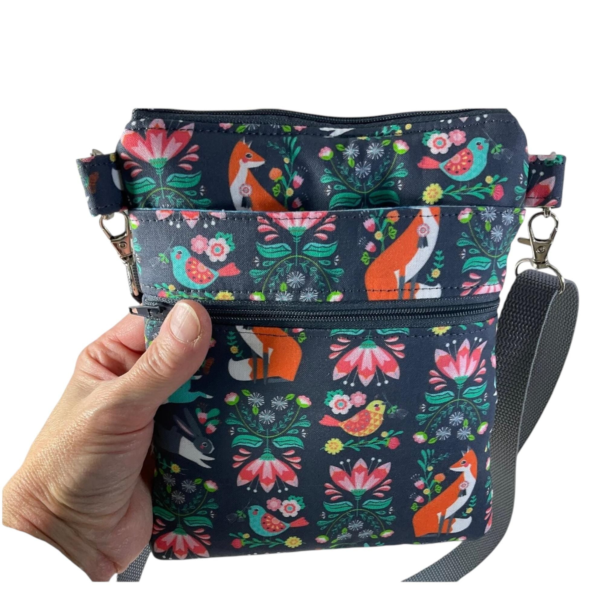 Woodland print small shoulder phone bag, Deer, fox, rabbit, hedgehog  handbag, teenager purse, essentials bag