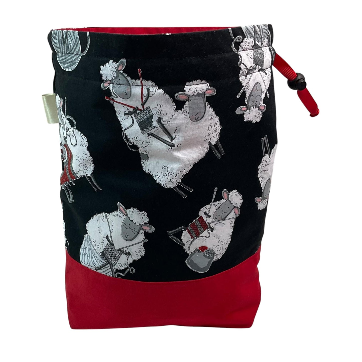 Knitting and crochet drawstring Two at a time project bag with sheep print