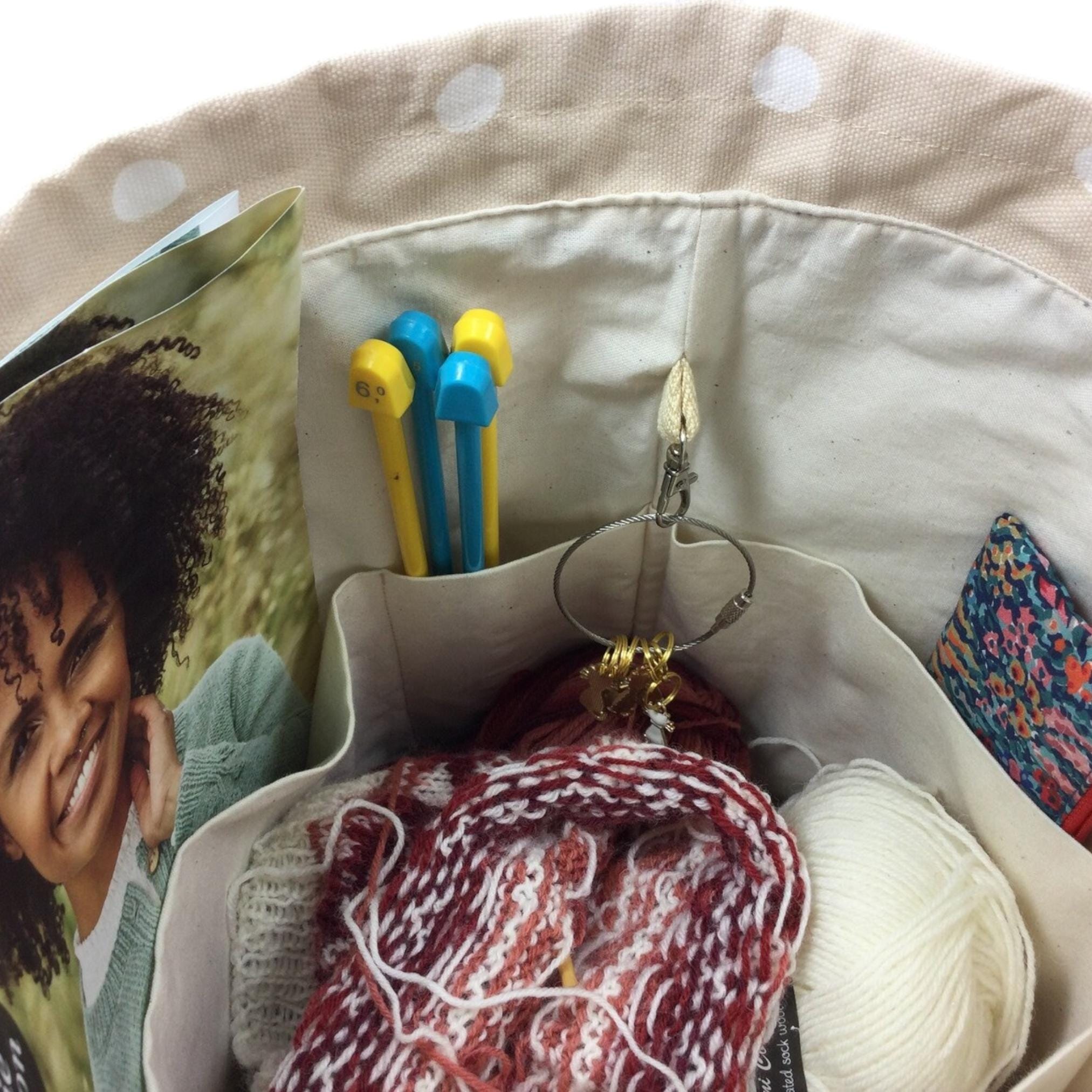 Extra Large drawstring knitting bag with cat print, multi pockets project bag with handles