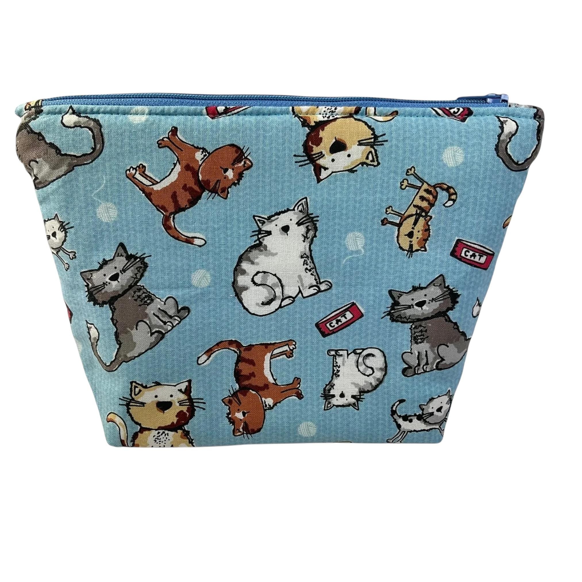 Cosmetics bag with cat print and 2 pockets,  makeup pouch, water resistant case, notions zipper pouch, cat lover gift