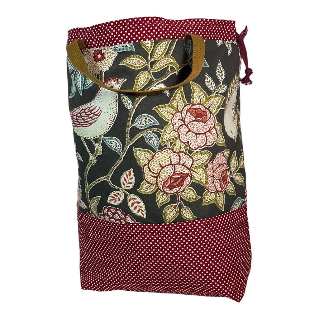 XXL Knitting Project Bag: Floral Bird Print, Multi-Pocket Drawstring Tote