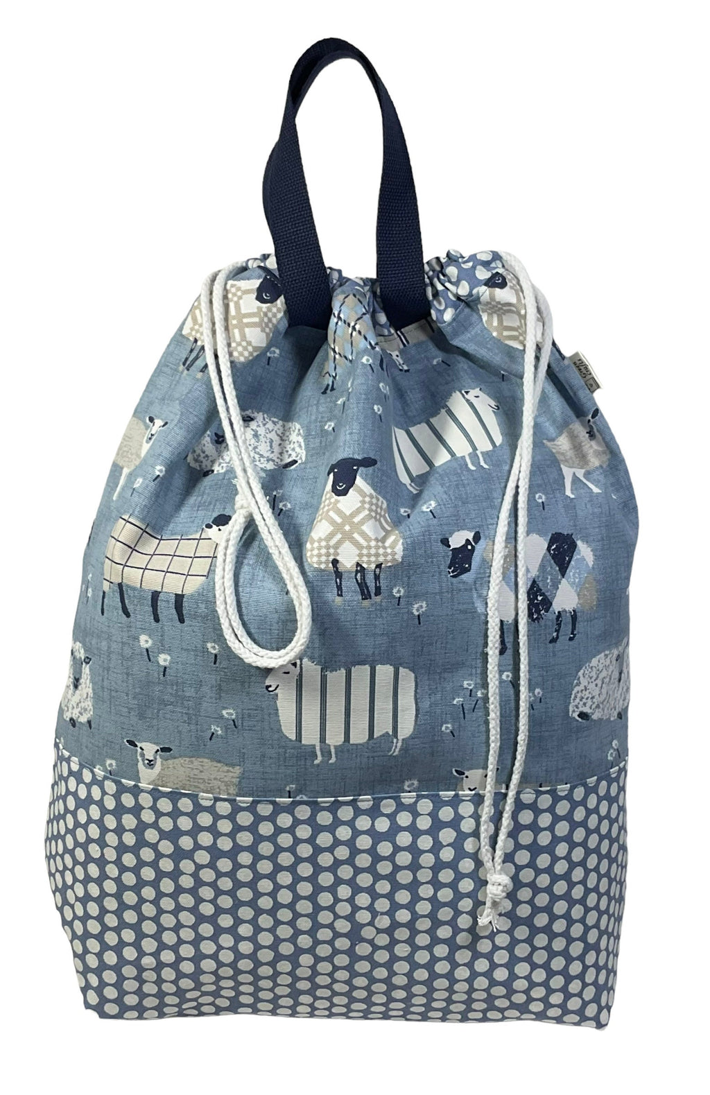 XXL  drawstring knitting bag with denim blue coloured sheep print, supersized multi pockets project bag with handles