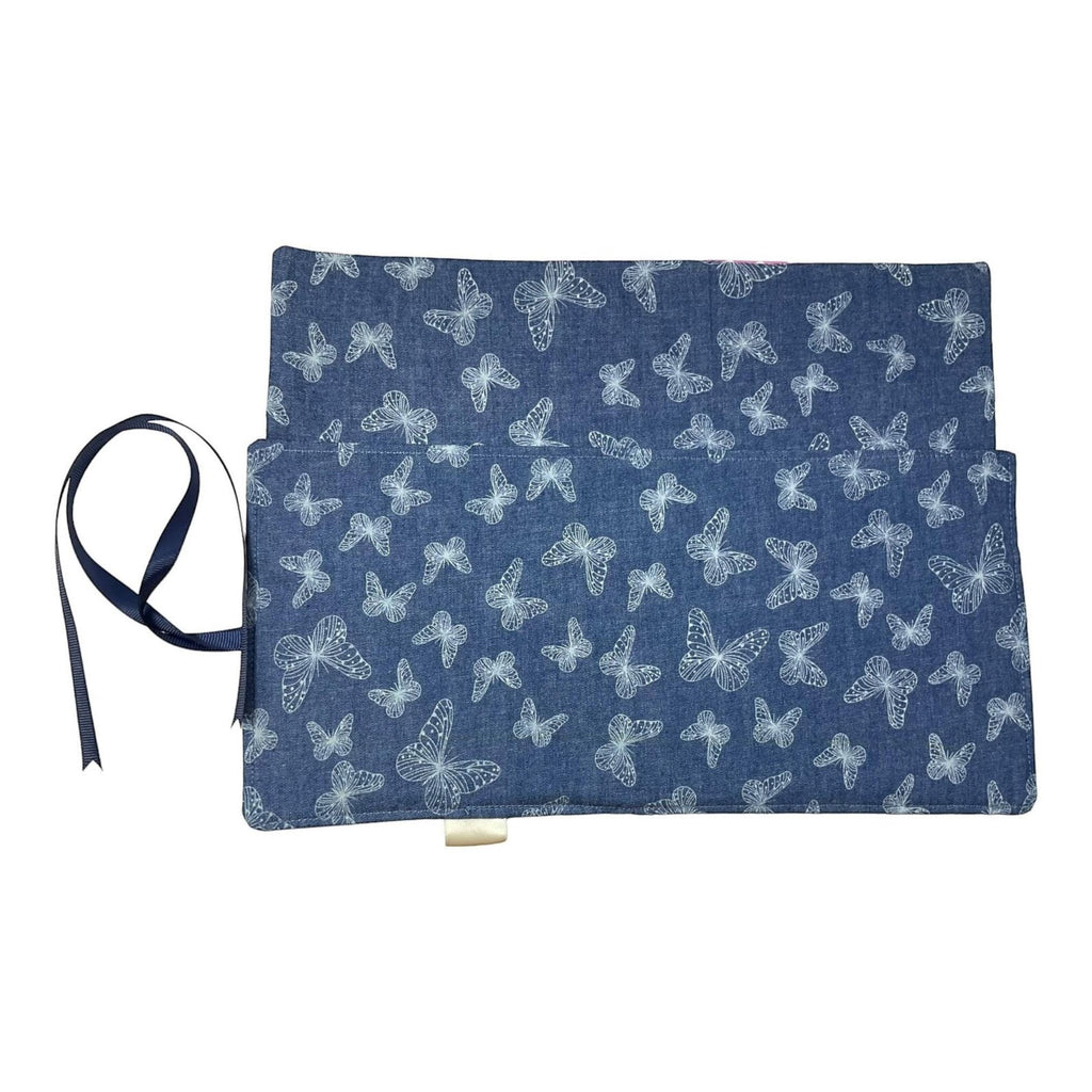 Crochet hook case in denim with butterfly print, roll up Ergonomic hook organiser or short  Dpn case, crochet or knitters gift,