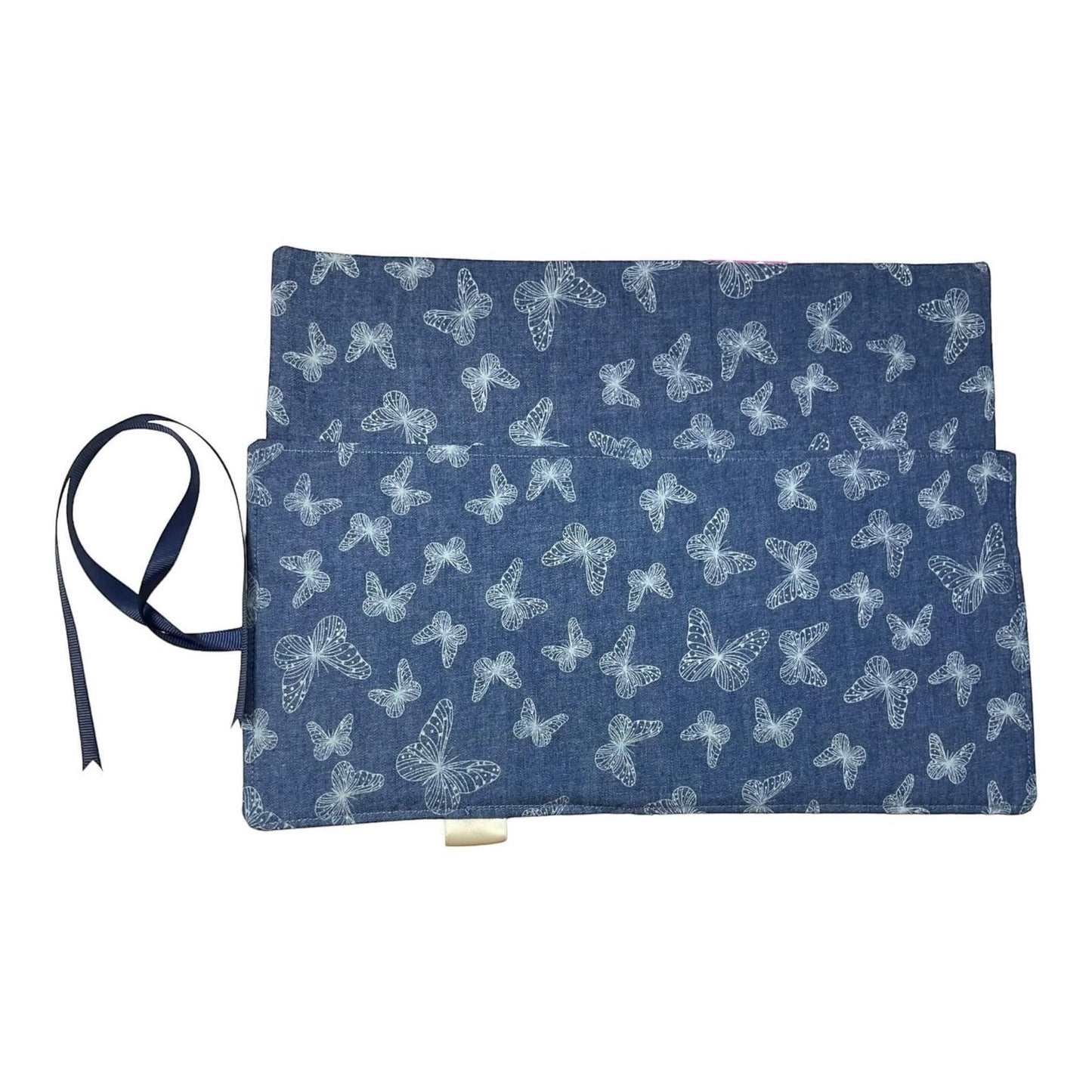 Crochet hook case in denim with butterfly print