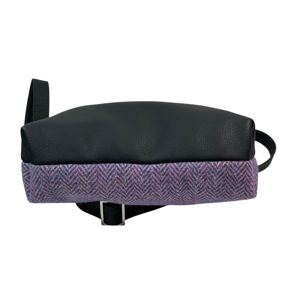 Handbag in genuine leather and Harris tweed tartan print pure wool,  blue and lilac herringbone medium sized zip top shoulder bag