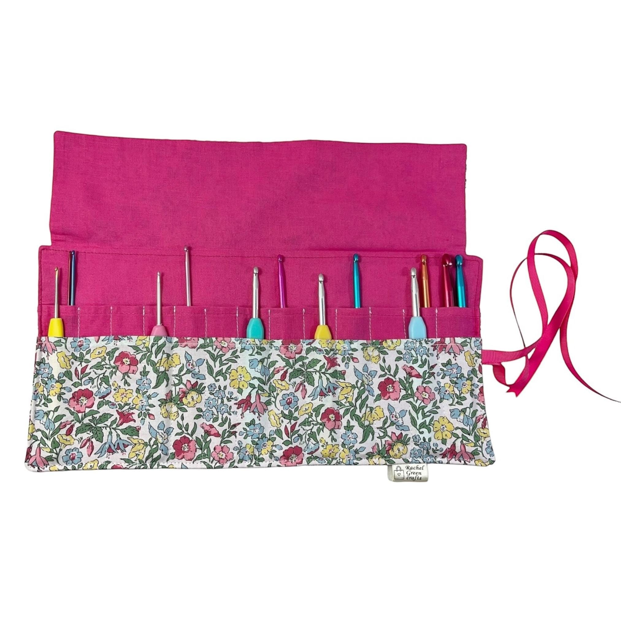 Crochet hook case in Liberty floral fabric, Ergonomic hook organiser, roll up double pointed needle case, case, knitters and crochet gift