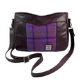 Handbag in genuine leather and Harris tweed tartan print pure wool, green and purple check medium sized zip top shoulder bag