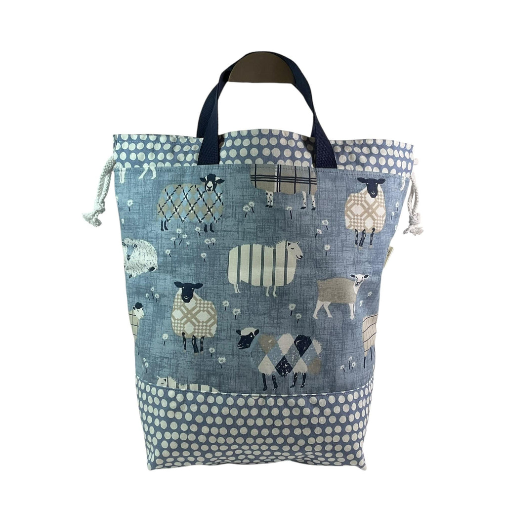 Extra Large drawstring knitting bag with blue sheep print, multi pockets project bag with handles