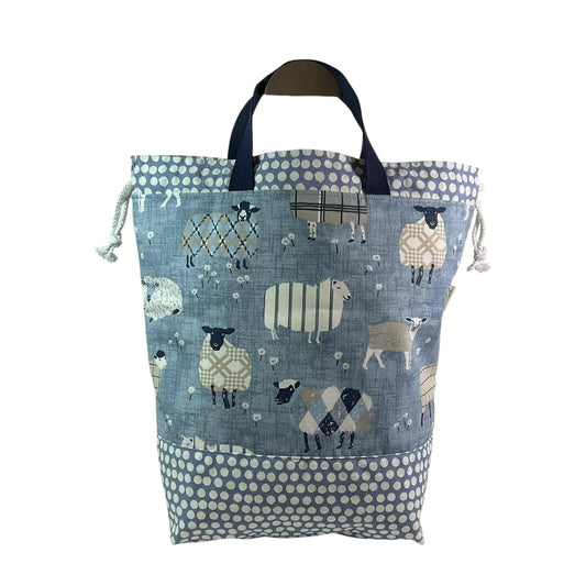 Extra Large drawstring knitting bag with blue sheep print