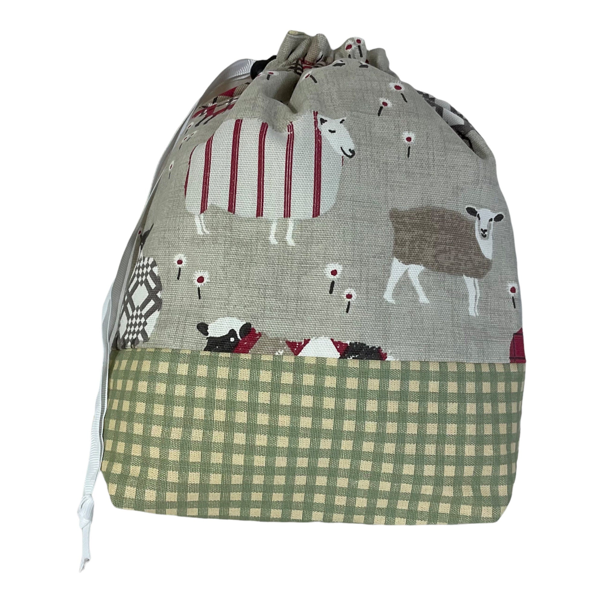 Two at a time knitting bag with tartan/plaid sheep, blue sock sack, drawstring divided, shoe, toiletries pouch, work in progress, WIP