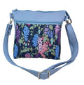 Handbag in faux Leather and floral wisteria print  fabric, medium sized zip top shoulder crossbody