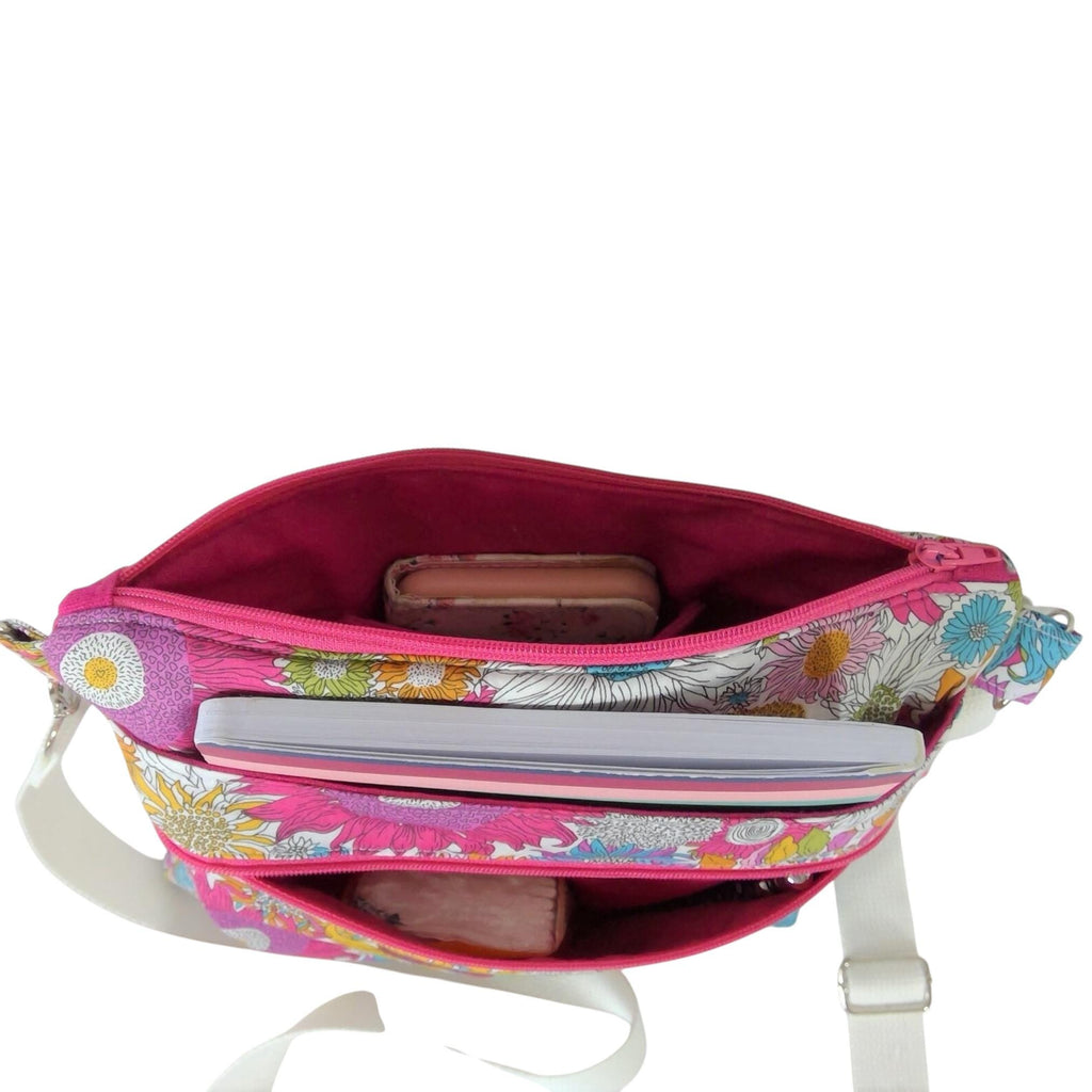 Liberty fabric slim shoulder bag with multi pockets, messenger style paisley  floral phone purse