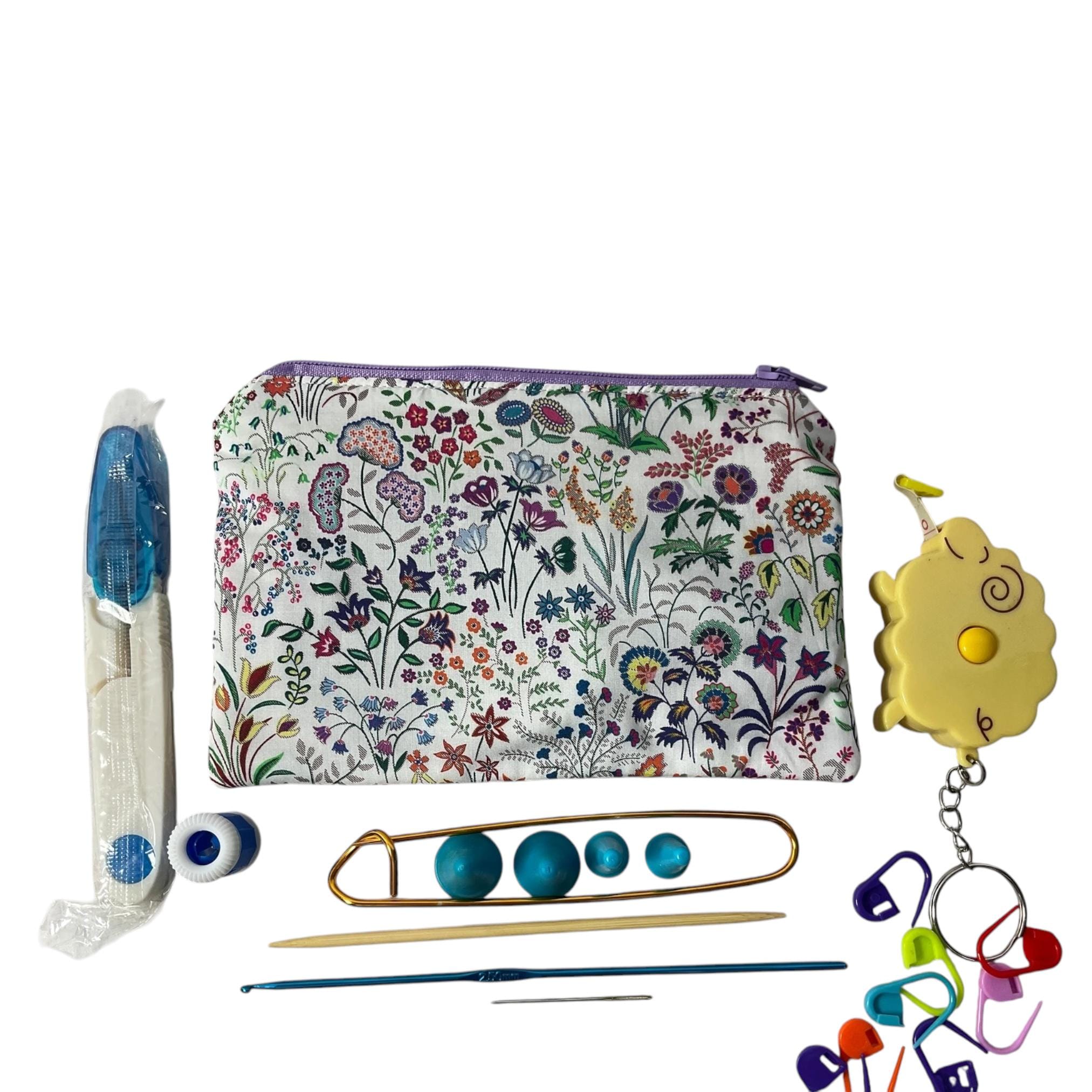 Notions kit for Knitters and crochet in liberty fabric and filled with craft tools, floral travel knitting kit, scissors, stitch holder