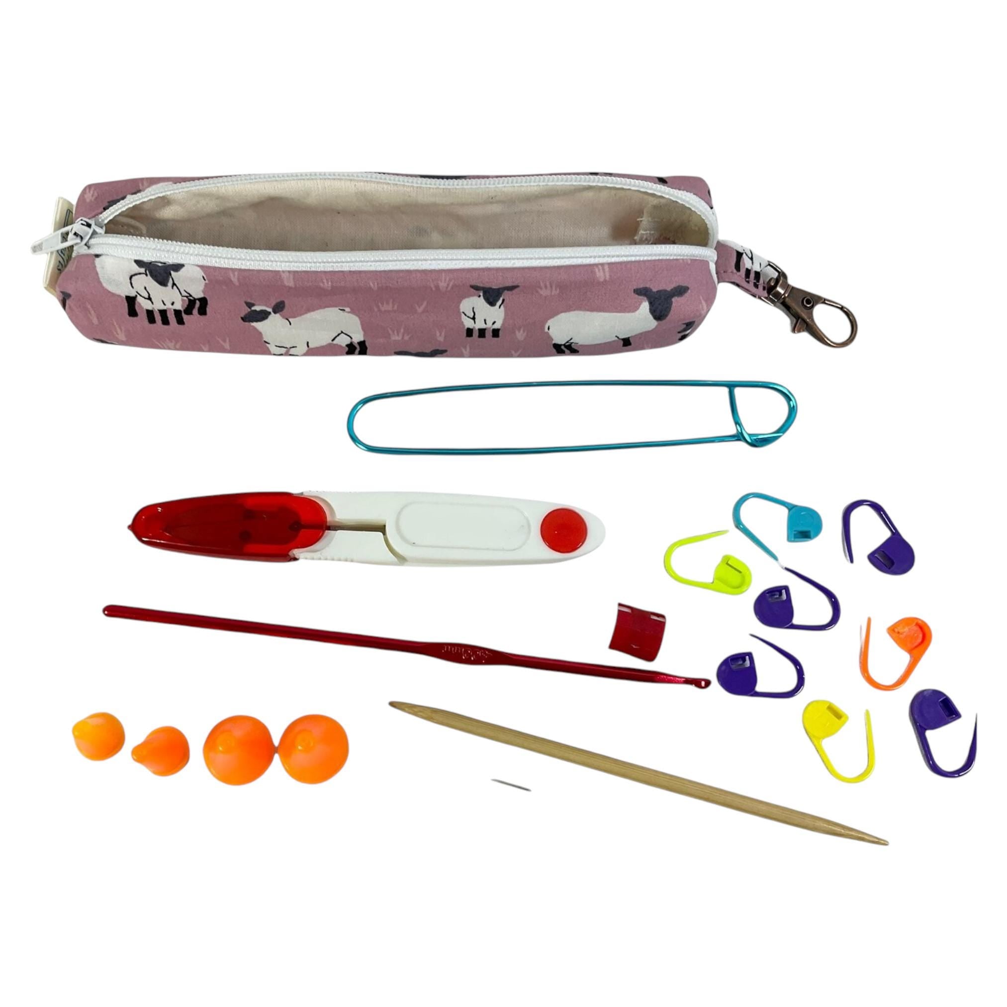 Knitting and crochet travel notions kit, clip on knit bag travel kit, stitch markers, accessories pouch, travel scissors, crafting kit
