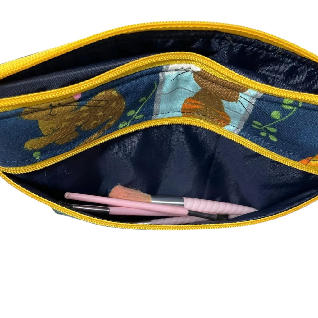 Cosmetics bag with cat print and 2 pockets,  makeup pouch, water resistant case, notions zipper pouch, cat lover gift