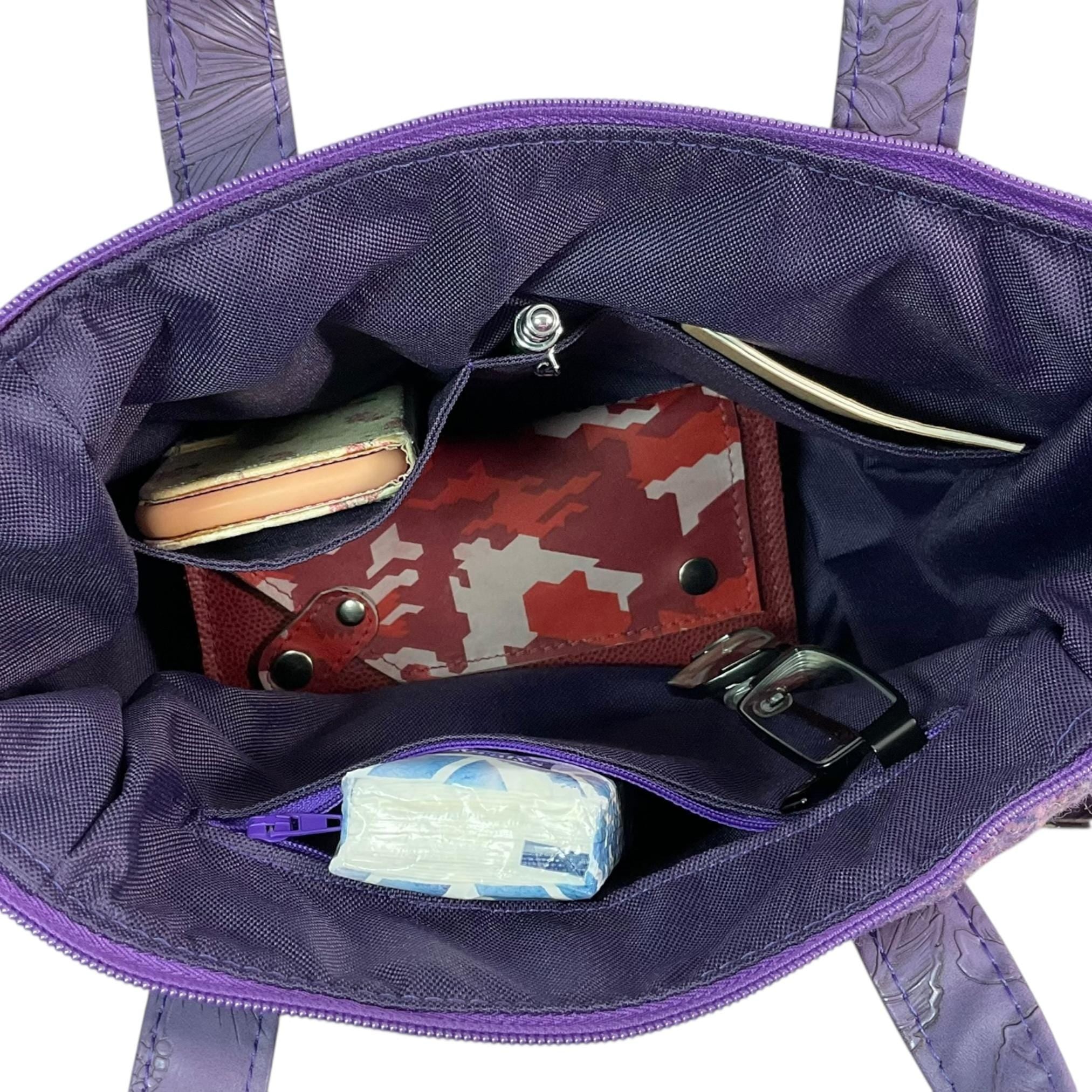Harris tweed Crossbody Handbag, floral faux leather tote, purple  shoulder bag,  zip pocket large adjustable strap organiser bag