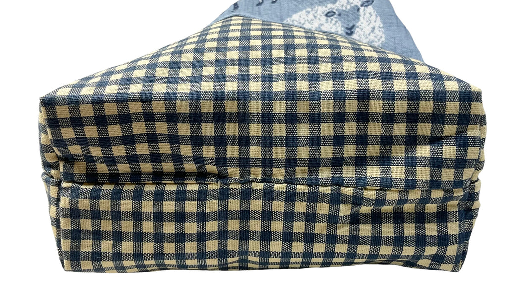 Two at a time knitting bag with tartan/plaid sheep, blue sock sack, drawstring divided, shoe, toiletries pouch, work in progress, WIP