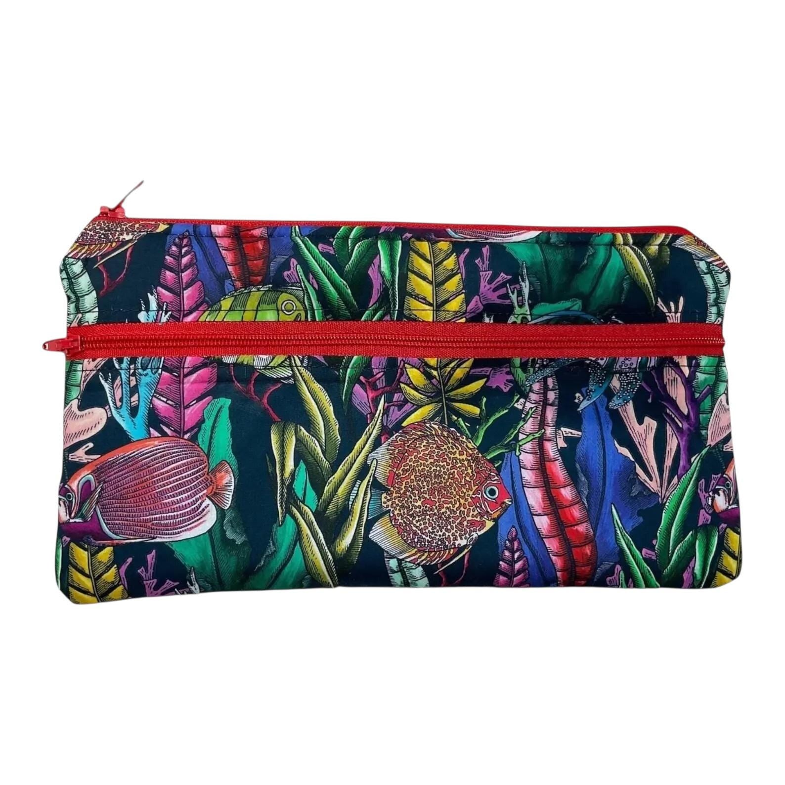 Liberty fabric two pocket pouch, double pocket cosmetics case, 2 section pencil storage,  floral water resistant ladies gift, girls privacy