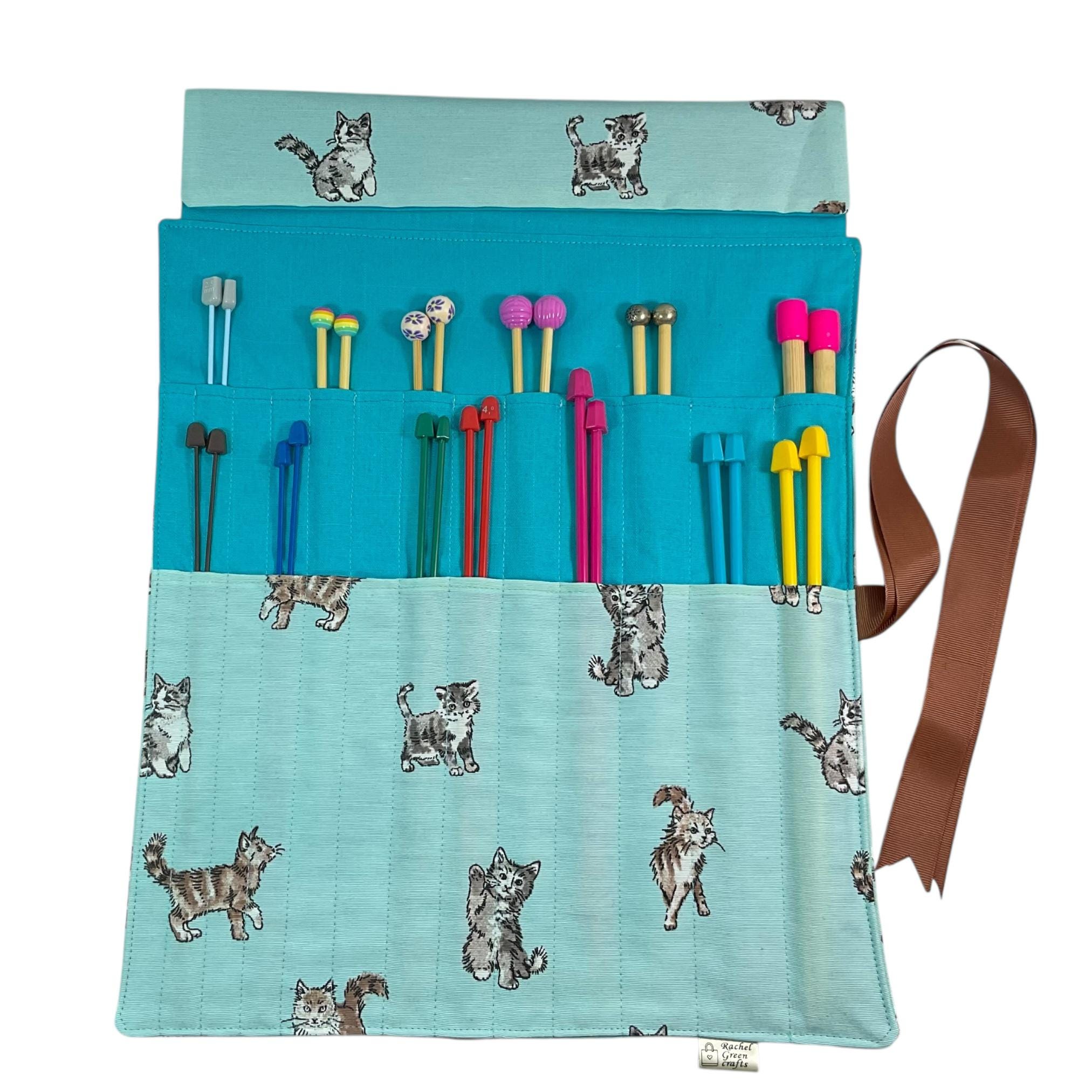 Straight knitting needle case with cats , needle roll, ribbon tie storage, knitting accessories, knitters gift, needle organiser