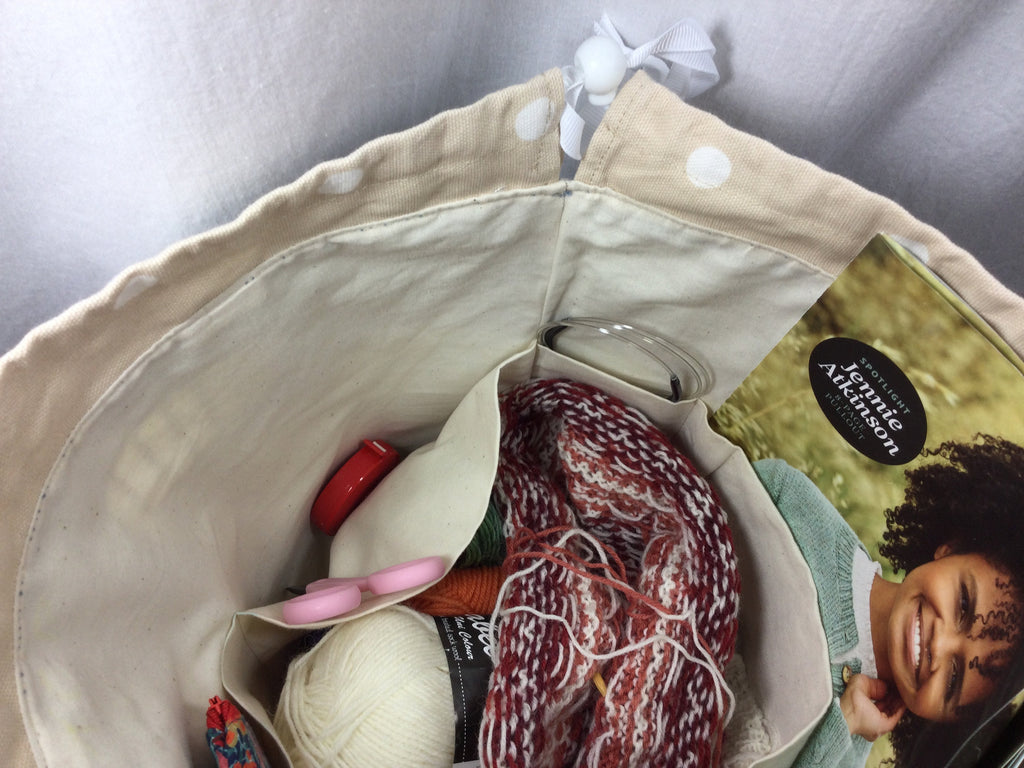 Extra Large drawstring knitting bag with red sheep print, multi pockets project bag with handles