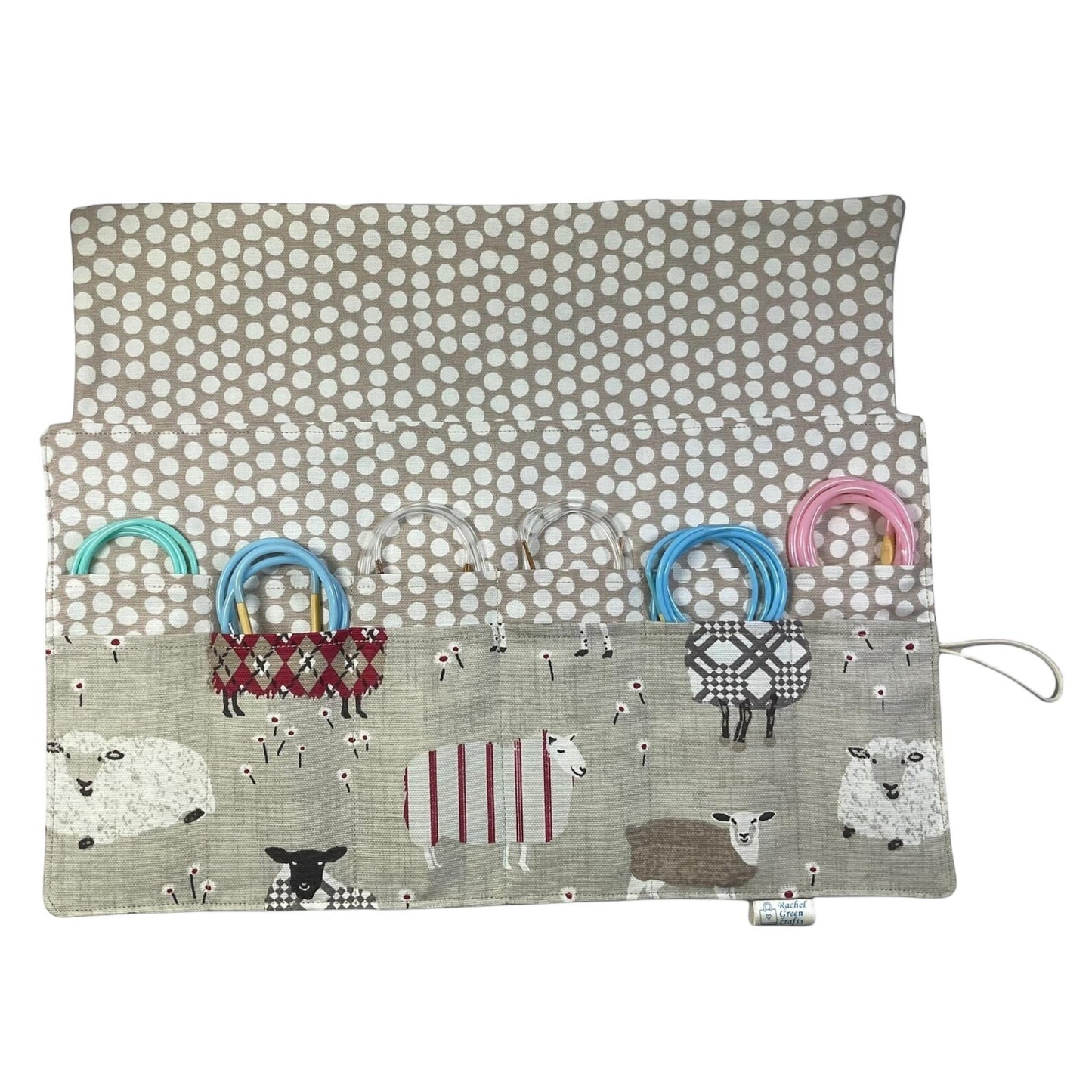 Circular knitting needle case with natural and red sheep