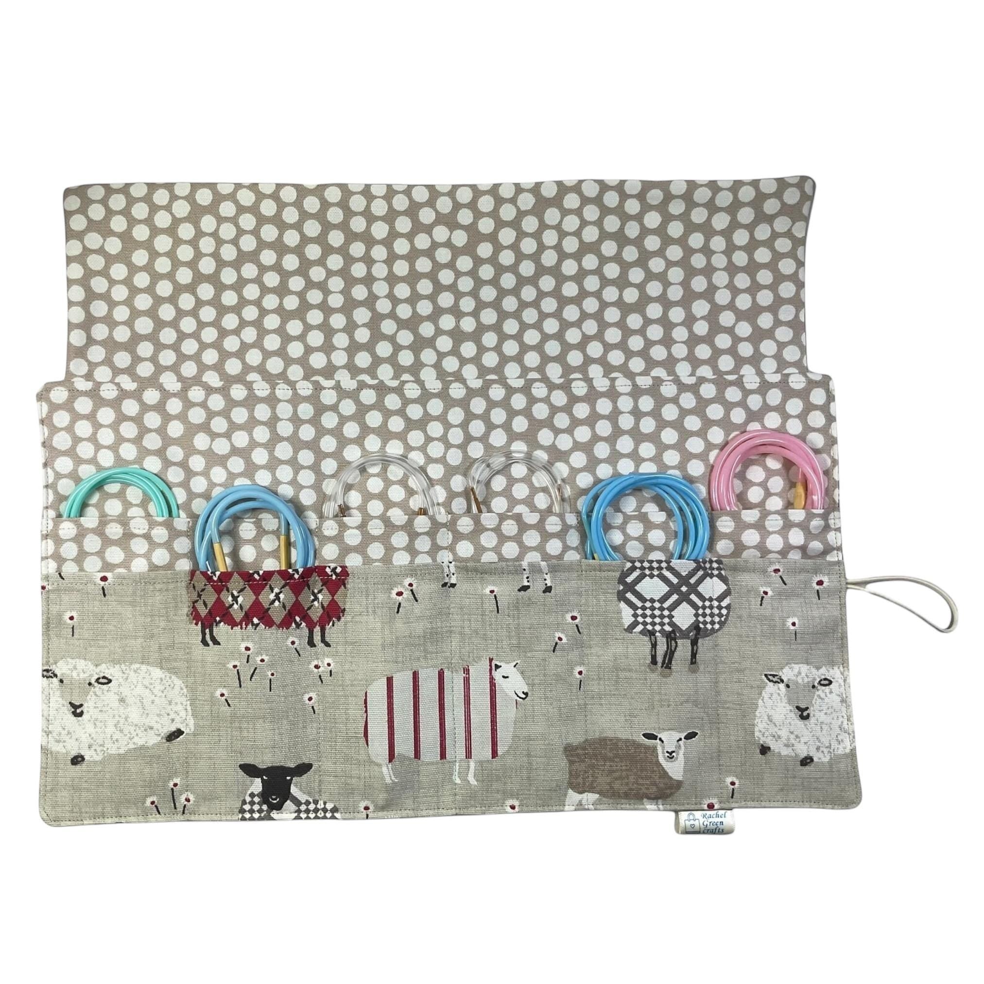 Circular knitting needle case with natural and red sheep,  fixed circular wallet,  sock needles storage pouch, knitters gift