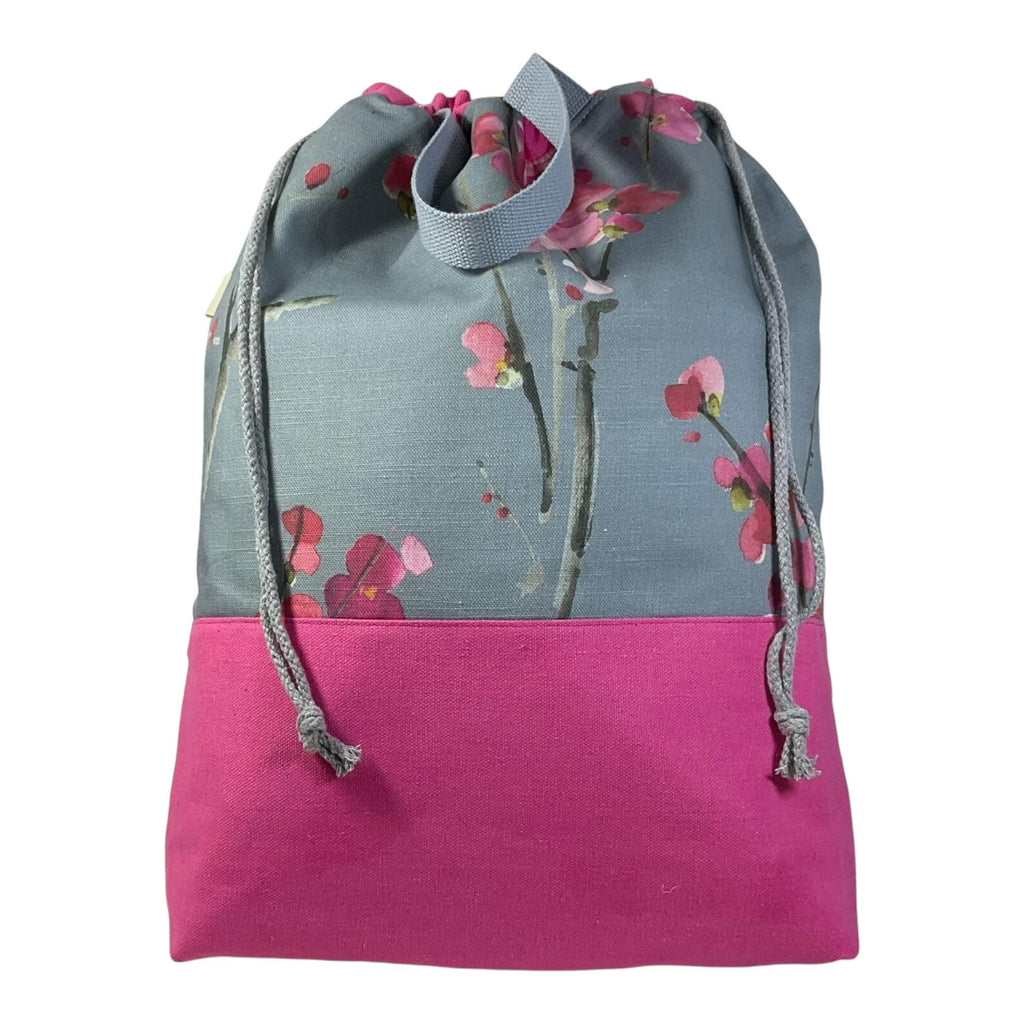 XXL drawstring knitting bag with pink cherry blossom print, supersized multi pockets  project bag with  handles, ladies craft gift