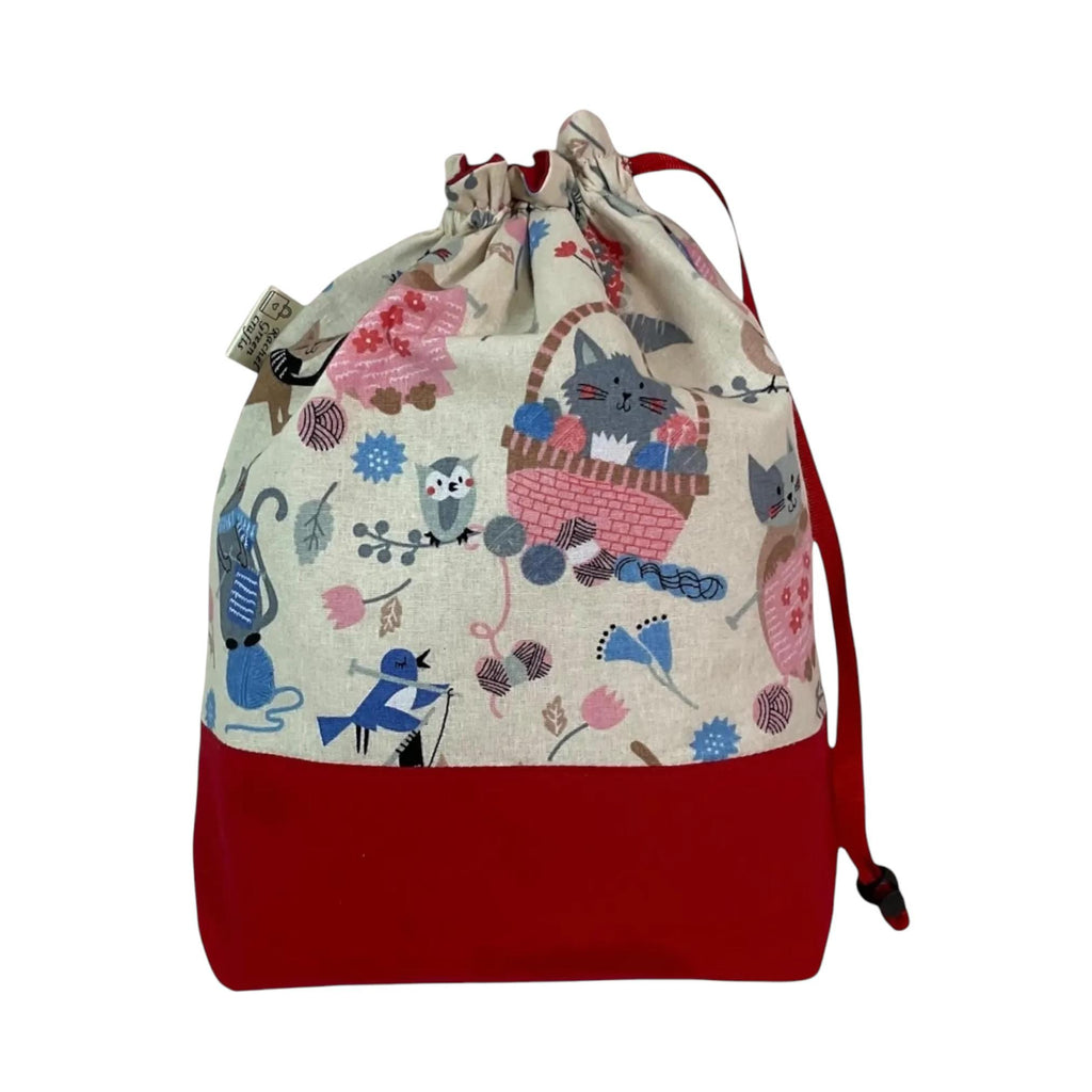 Two at a time knitting bag with cats, medium sock sack, red divided drawstring crochet and crafting work in progress bag , WIP bag