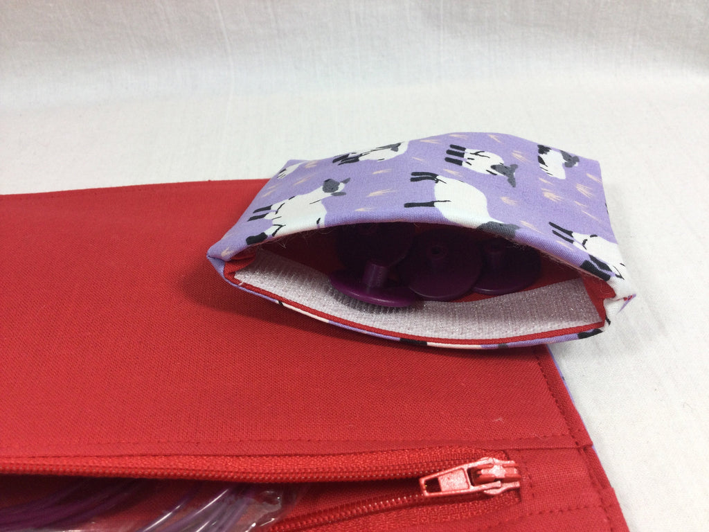 Interchangeable knitting needle case with purple sheep, addi needle case, chiagoo wallet, knit pro organiser pouch, hiya hiya case,